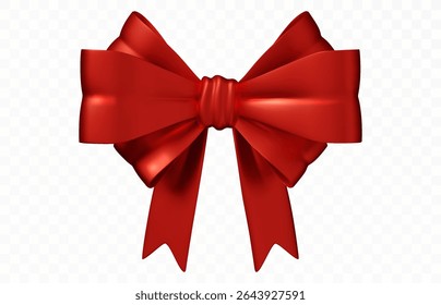 Red festive bow. Elegant decorative ribbon for gift wrapping, holiday packaging, or birthday celebration. Realistic vector element, isolated on white.