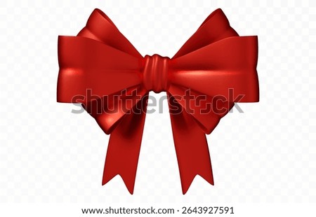 Red festive bow. Elegant decorative ribbon for gift wrapping, holiday packaging, or birthday celebration. Realistic vector element, isolated on white.