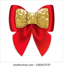 Red festive bow with golden decor. Isolated on a white background. Vector illustration.