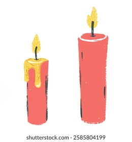 A red festive candle with golden wax drips, perfect for holiday decorations, seasonal designs, and festive illustrations.