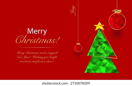 Red Festive Card with Low Poly Christmas Spheres and Ornaments