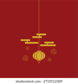 Diseño festivo rojo con una linterna colgante y fuegos artificiales.
