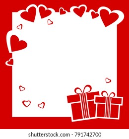 Red festive frame with gift boxes and hearts for Valentine's Day. Vector illustration