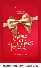 Red Festive greeting card or flyer with bow and ribbon. Vector illustration