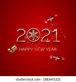 Red Festive Holiday Background with 2021 happy new year with gold numbers, confetti and gold glitter dust. Vector template. EPS 10