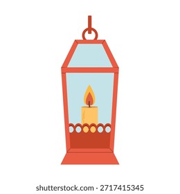 Lanterna festiva vermelha com uma vela. Ilustração em estilo plano.