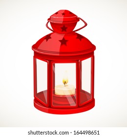 Red festive lantern with a candle inside isolated on white background