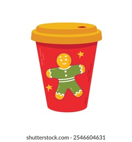 Red festive mug with a gingerbread man and yellow lid, seasonal drinks. Flat illustration