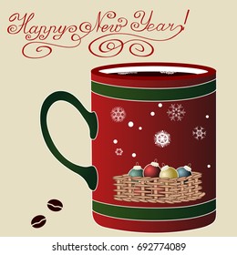 Red festive mug with a picture of basket of christmas tree toys & snowflakes. Hot coffee mug with beans lying around & a handwritten Happy New Year text