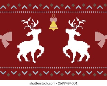 Red festive pixel art background featuring two white reindeer a golden bell and decorative winter patterns