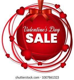 Red festive sale banner  with hearts for Valentines day. Vector colorful illustration.