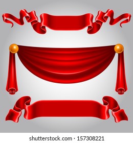 Red festive silk ribbons, beautiful elements for your design. Vector.