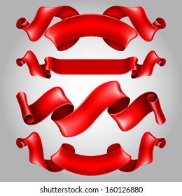 Red festive silk ribbons, beautiful elements for your design. Vector.