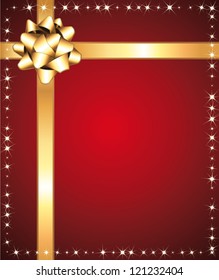 Red festive starry background with golden bow. Vector illustration.
