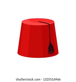 Red fez with black tassel. National Turkish headwear. Traditional felt headdress in cylindrical shape. Flat vector icon