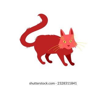 Red fiery cat isolated on white background. Flat vector illustration.	