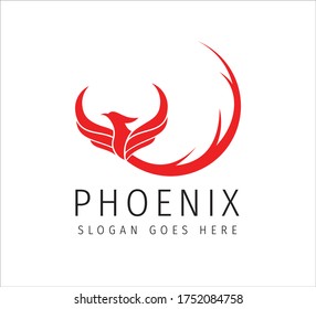 red fiery flame open wing phoenix with long curly tail vector icon logo design symbol of freedom, mystic and glory