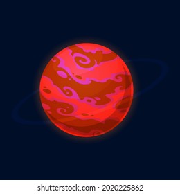 Red fiery planet isolated fantasy alien galaxy universe cartoon icon. Vector imaginary planet ui or gui game design, abstract round globe, funny kids or children cosmic planet, martians world