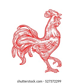 Red fiery rooster. Symbol Chinese 2017 new year. Vintage monochrome drawn vector engraving illustration for poster , greeting card , web, coloring, filigree pattern. Isolated on white background.