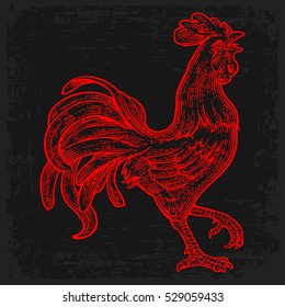 Red fiery rooster. Symbol Chinese 2017 new year. Vintage monochrome drawn vector engraving illustration for poster , greeting card , web, coloring, filigree pattern. Isolated on dark background