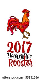 Red fiery rooster. Symbol Chinese 2017 new year. Vector color drawn flat illustration for poster and greeting card. Isolated on white background