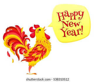 Red fiery vector rooster with speech bubble and "Happy New Year!" sign. Chinese symbol of 2017 new year.