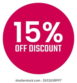 Red fifteen 15% percent sale discount badge. Round shape red circle sticker on glasses showcase. isolated on white background.