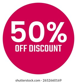 Red fifty 50% percent sale discount badge. Round shape half price discount red circle sticker on glasses showcase. isolated on white background.