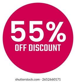 Red fifty five 55% percent sale discount badge. Round shape red circle sticker on glasses showcase. isolated on white background.