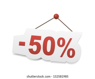 Red fifty percent off. Discount 50%.