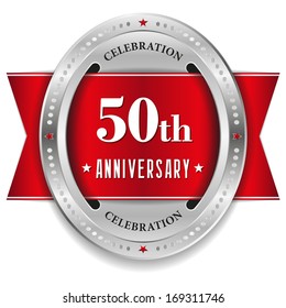 Red fifty year anniversary badge with ribbon