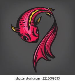 Red Fighting Fish Vector Illustration On Dark Background