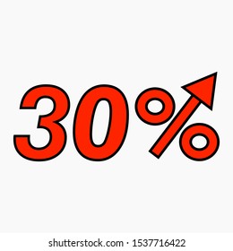 The red figure is 30  percent increase. Price increase icon.  Sales. Profit growth. Increase revolutions. The increase in interest in the bank. Quality improvement. Icon of internet shops. Vector icon