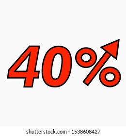 The red figure is 40 percent increase. Price increase icon.  Sales. Profit growth. Increase revolutions. The increase in interest in the bank. Quality improvement. Icon of internet shops. Vector icon.