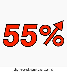 The red figure is 55 percent increase. Price increase icon.  Sales. Profit growth. Increase revolutions. The increase in interest in the bank. Quality improvement. Icon of internet shops. Vector icon.