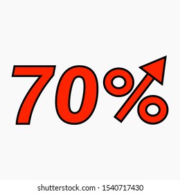 The red figure is 70  percent increase. Price increase icon.  Sales. Profit growth. Increase revolutions. The increase in interest in the bank. Quality improvement. Icon of internet shops. Vector icon