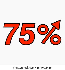 The red figure is 75  percent increase. Price increase icon.  Sales. Profit growth. Increase revolutions. The increase in interest in the bank. Quality improvement. Icon of internet shops. Vector icon