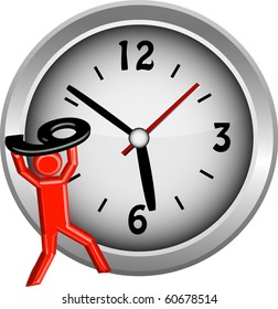 Red figure lifting the number 9 onto a clock face illustration vector