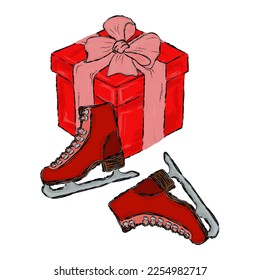 red figure skates near a gift box with a bow	
