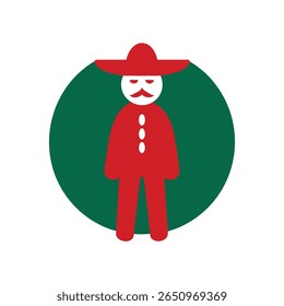 Red figure in sombrero with mustache on green circle representing Revolucion Mexicana Mexico