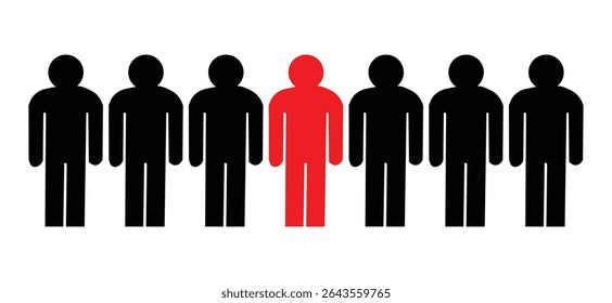 Red Figure Standing Out Among Black Silhouettes in a Row, choosing right candidate business concept