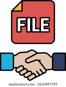 Una lima roja con un fondo blanco. El archivo está abierto y dos manos están temblando. Concepto de un acuerdo de negocios o Acuerdo que se comete