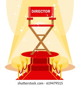 Red film directors chair with on luxurious catwalk with red carpet. Flat vector cartoon illustration. Objects isolated on a white background.