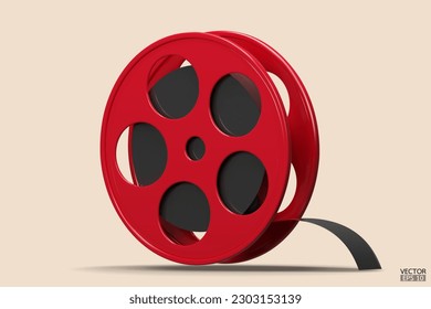 Red Film icon isolated on beige background. Video camera tape 3D sign symbols logo. Reel Camera Negative Film. 3d render movie,cinema, entertainment concept. 3D Vector Illustration.