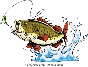 Red Fin Bass Fish Cartoon Personagem Saltando Em Direção A Atração Verde - Mão Vetor Desenhado Ilustração Isolada Em Fundo Transparente