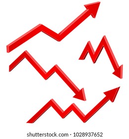 Red Financial Up And Down Moving Arrows. Rising And Falling Trends. Vector 3d Illustration