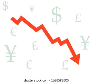 Red financial down moving arrows with bank notes. Rising and falling trends. Vector illustration
