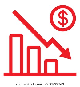 Gráfico de Recesión Financiera Roja con plantilla de vector de icono de moneda