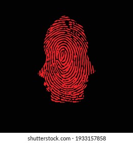 Red finger print isolated on black background. Woman and man face silhouette with touch id pattern