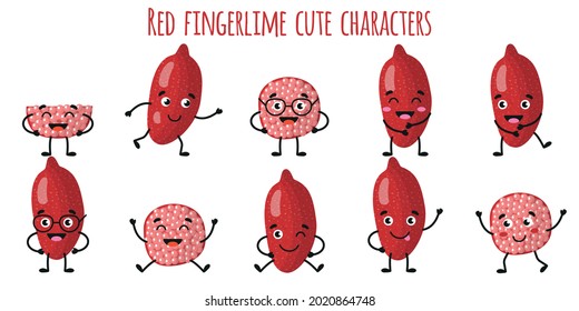 Rote Fingerlime Frucht süße lustige lustige fröhliche Charaktere mit verschiedenen Posen und Emotionen. Natürliche Vitamin-Antioxidans-Entgiftung Nahrung Sammlung. Vektorgrafik, einzelne Illustration. Kinderkonzept.